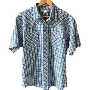 Wrangler Vintage Wrancher Snap Shirt XL Short Sleeve Blue White Green